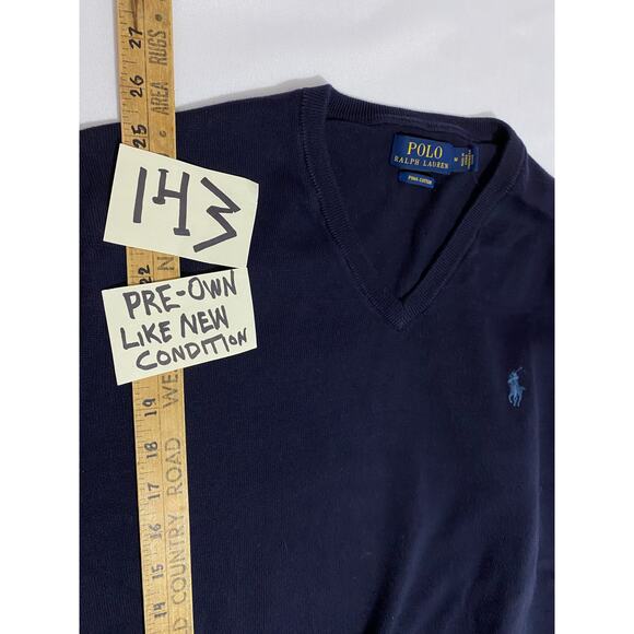 Polo Ralph Lauren Navy Blue V-Neck Sweater Size M Pima Cotton Pullover - Picture 3 of 6